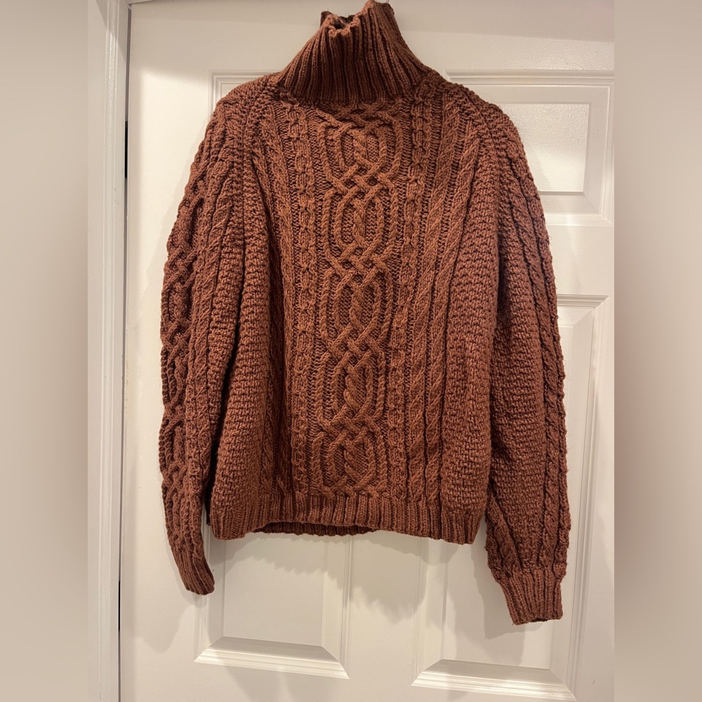 Cozy Brown Cable Knit Turtleneck Sweater